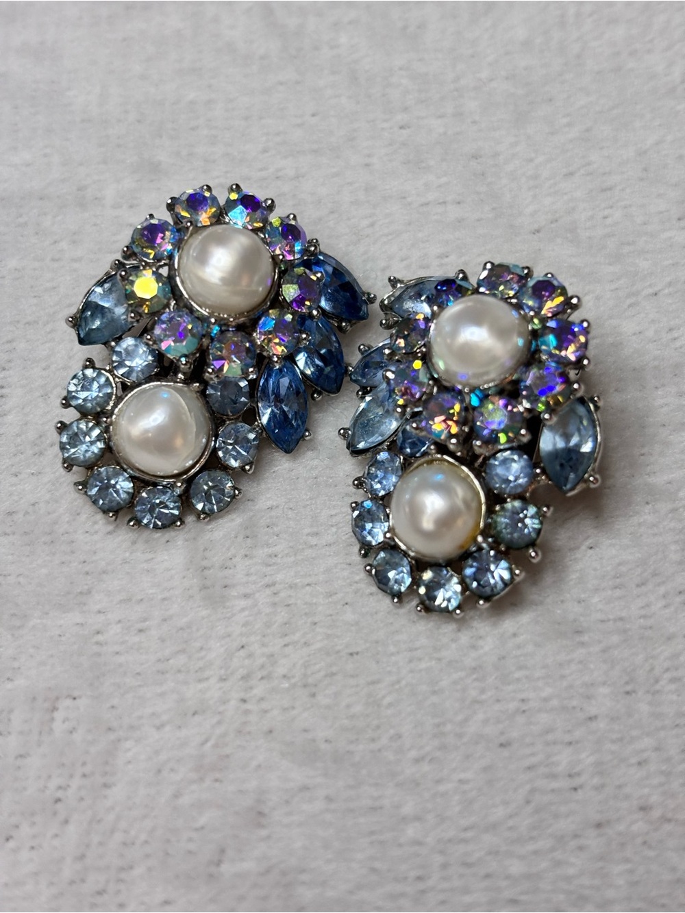 Vintage Crown Trifari Blue AB Rhinestone Faux Pearl Clip Earrings